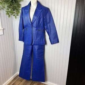 Metro Style Suit Blue Genuine Leather Jacket Sz 12 Pants Sz 10 Lined Heavy Y2K